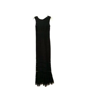 Tadashi Shoji Gown Mesh Striped Mid section ribbed Panel Style Black XS